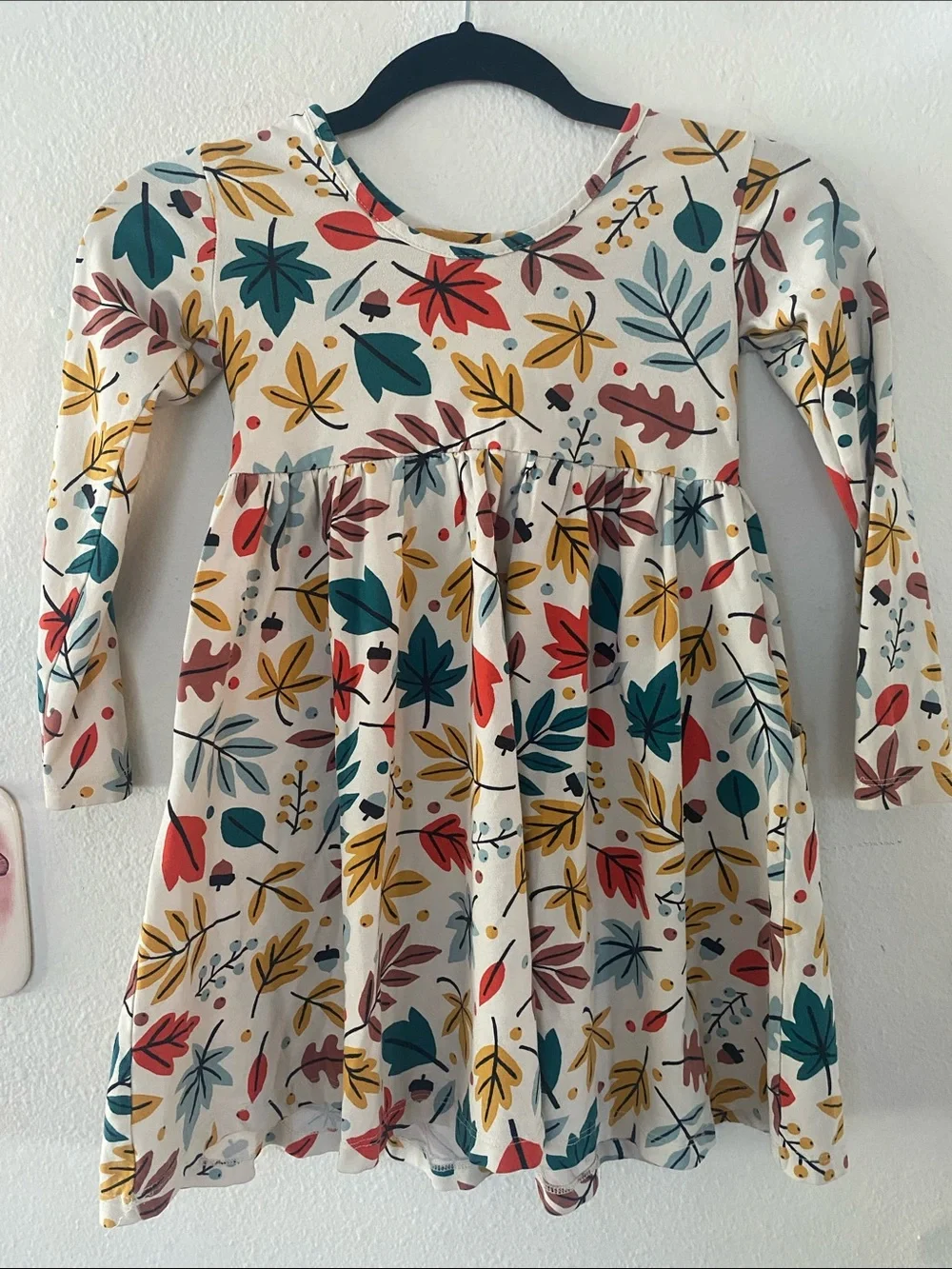 Hanna Andersson fall dress with pockets 6-7 Mustard & Brown Leaf Print, cotton